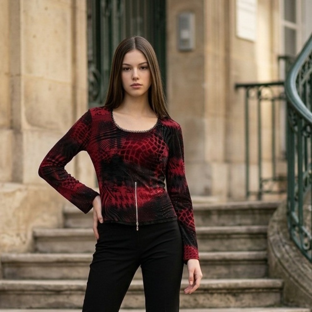 VTG Size 38 Velvet Burnout Top Red Black Cyberpunk Whimsigoth Dark Vampire Y2K
